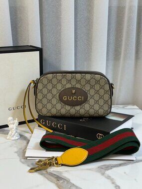 Gucci Beige Brown GG Monogram Crossbody with Gold Accents
